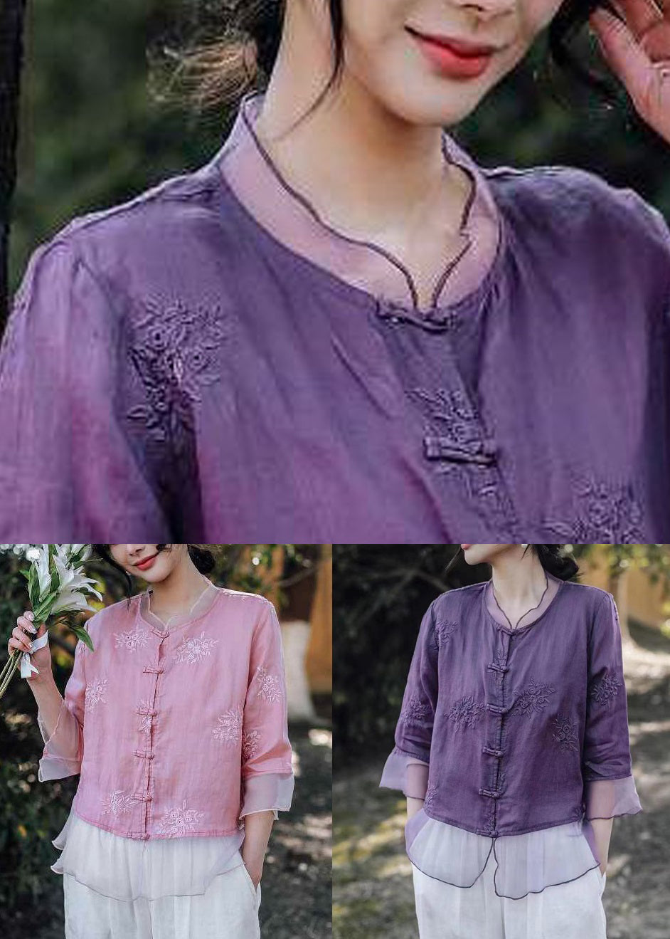 Purple Button Tulle Patchwork Blouses Embroidered Summer VV098