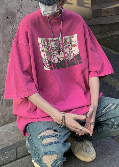 Half Sleeve T Cartoon Neck Cotton Purple Mens Shirts O Print