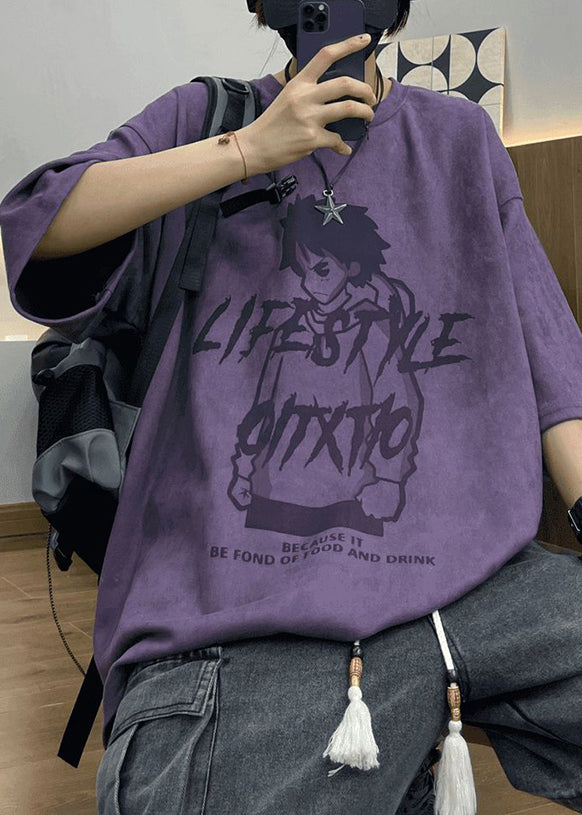 Faux Print Cartoon OT Shirts Herren Halb Wildleder Hals Ärmel Lila