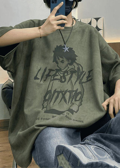 Faux Print Cartoon OT Shirts Herren Halb Wildleder Hals Ärmel Lila