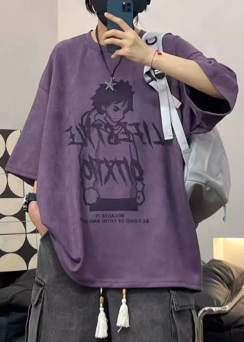Faux Print Cartoon OT Shirts Herren Halb Wildleder Hals Ärmel Lila