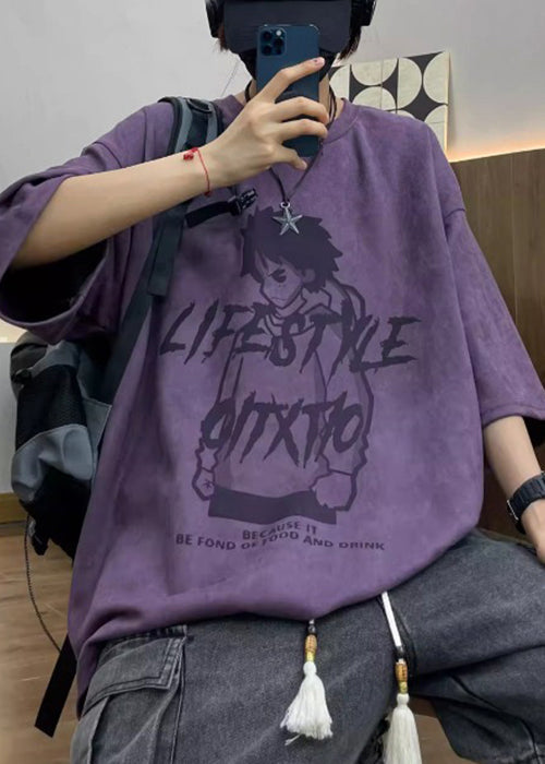 Faux Print Cartoon OT Shirts Herren Halb Wildleder Hals Ärmel Lila