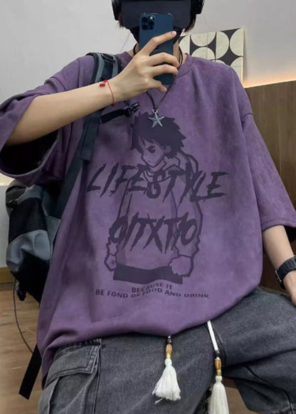 Faux Print Cartoon OT Shirts Herren Halb Wildleder Hals Ärmel Lila