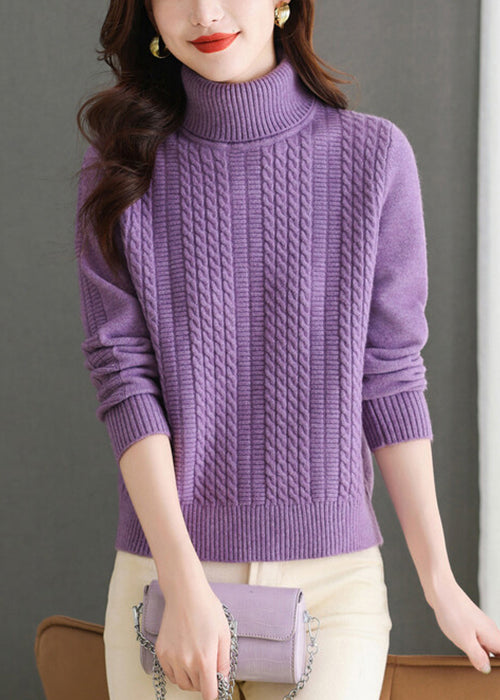 Pull col roulé violet en tricot épais et confortable pour l'hiver WL011