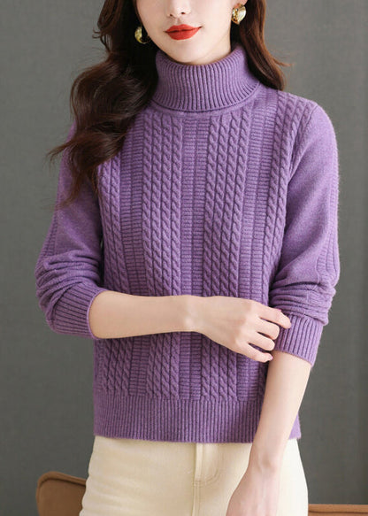 Pull col roulé violet en tricot épais et confortable pour l'hiver WL011