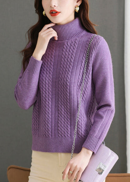 Pull col roulé violet en tricot épais et confortable pour l'hiver WL011