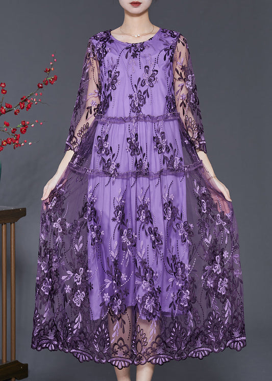 Purple Hollow Out Tulle Dress Embroidered Summer SD1096