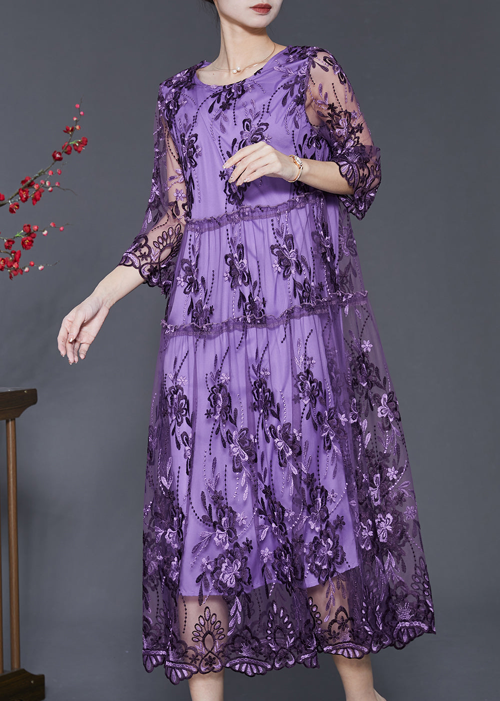 Purple Hollow Out Tulle Dress Embroidered Summer SD1096