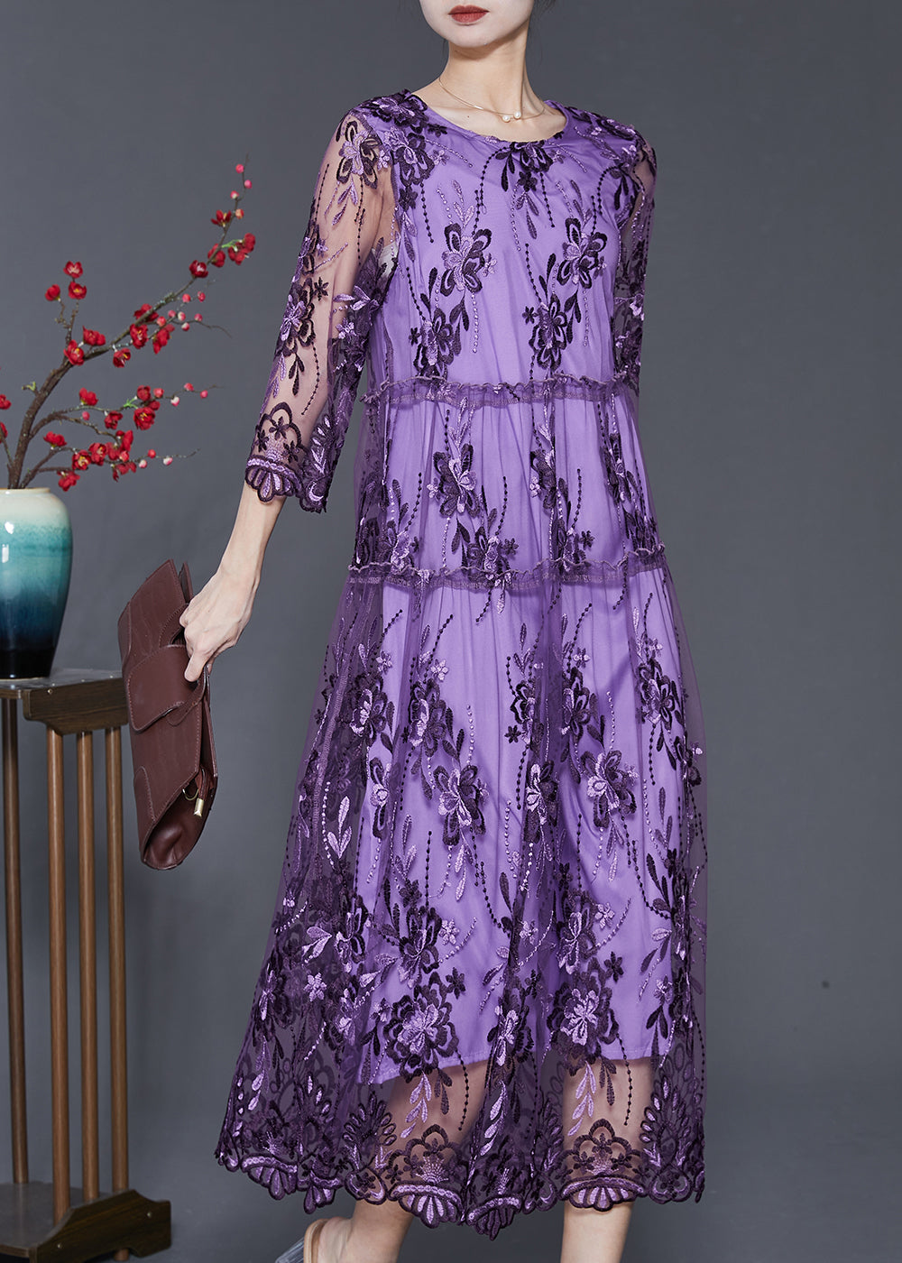 Purple Hollow Out Tulle Dress Embroidered Summer SD1096