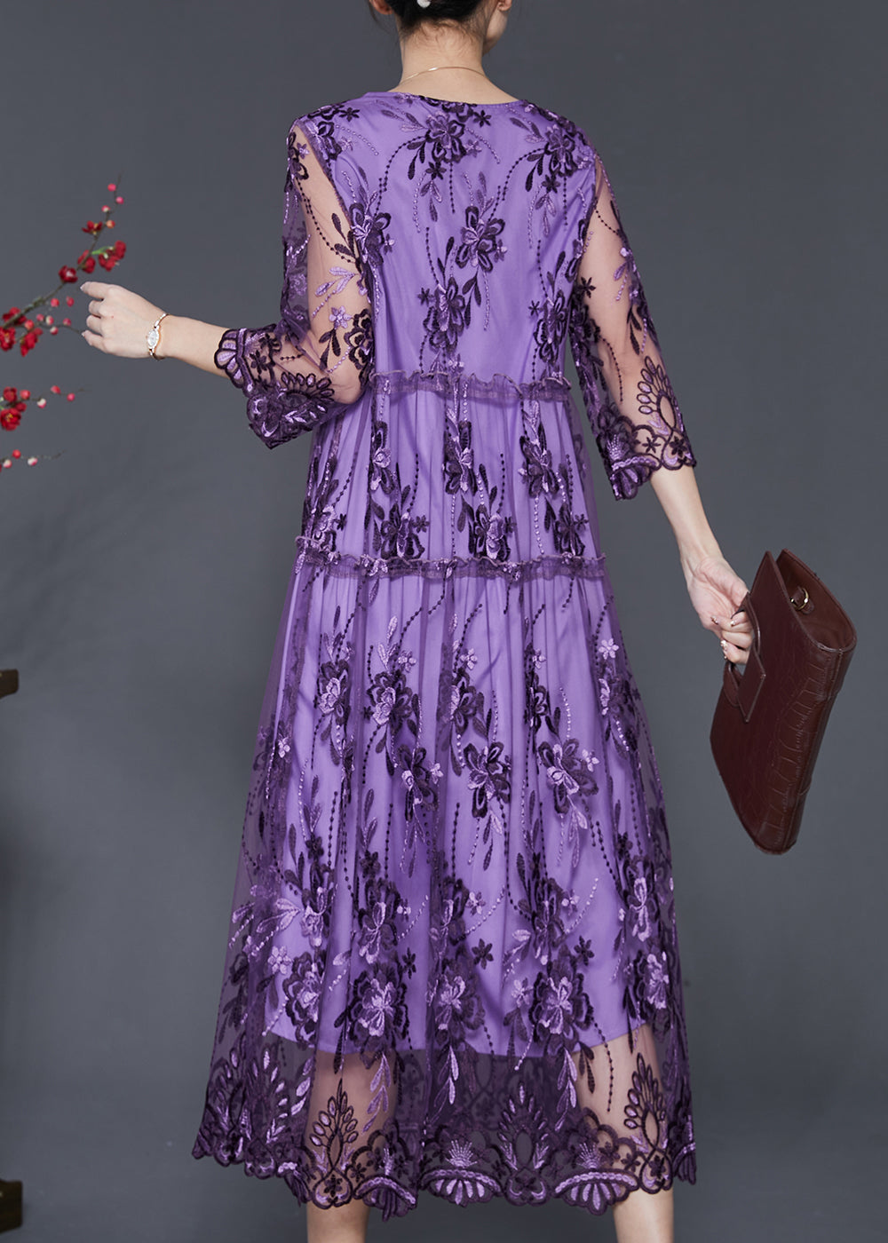 Purple Hollow Out Tulle Dress Embroidered Summer SD1096