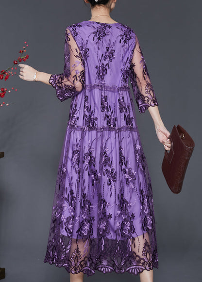 Robe d'été en tulle ajouré violet brodé SD1096