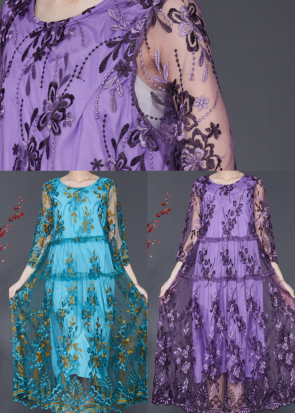 Purple Hollow Out Tulle Dress Embroidered Summer SD1096