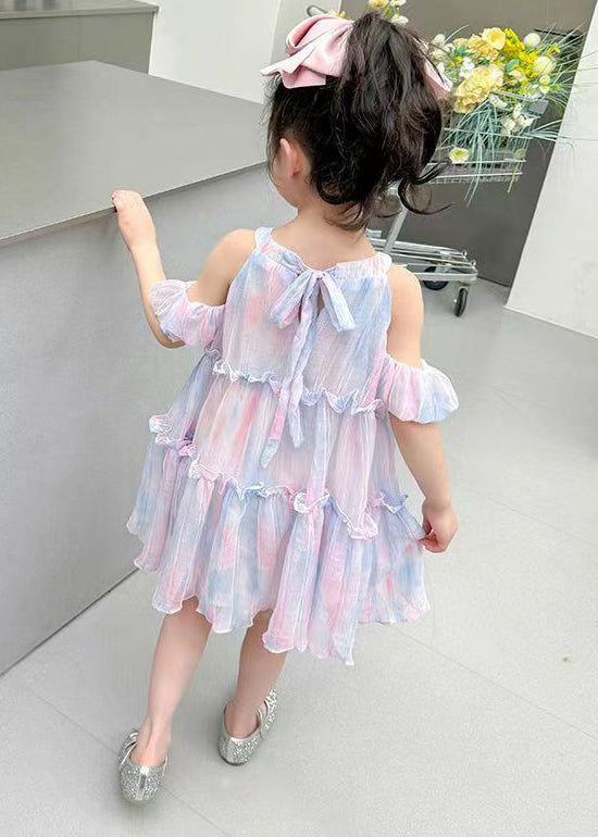 Lila Lace Up Chiffon Sommer Kinder Mädchen Kleider Rüschen EW063