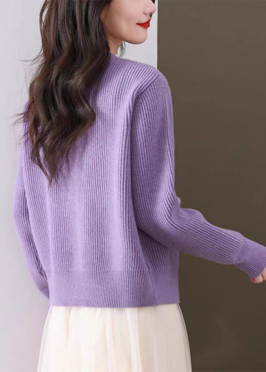 Purple Nail Bead Solid Knit Fall Cardigan O Neck QI006