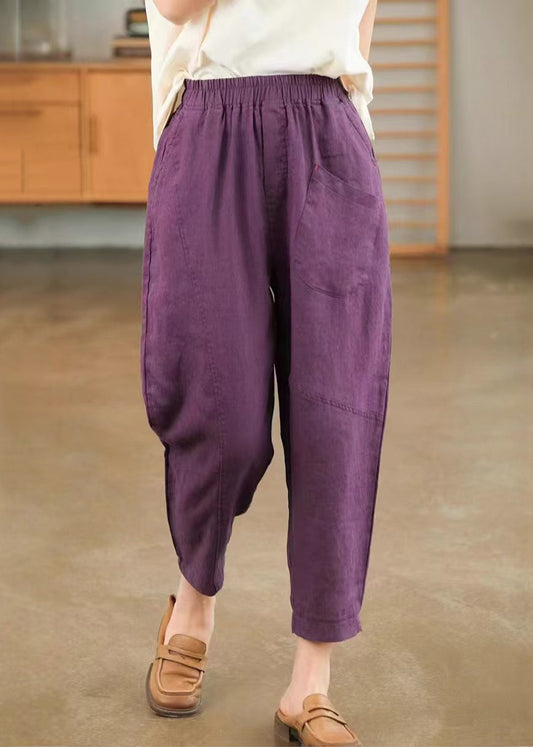 Pantalon d'été sarouel en coton violet avec poches élastiques