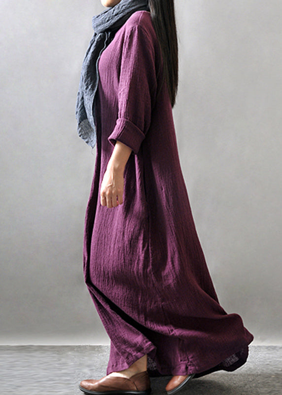 Purple Pockets Maxi Dresses Long Sleeve VV029