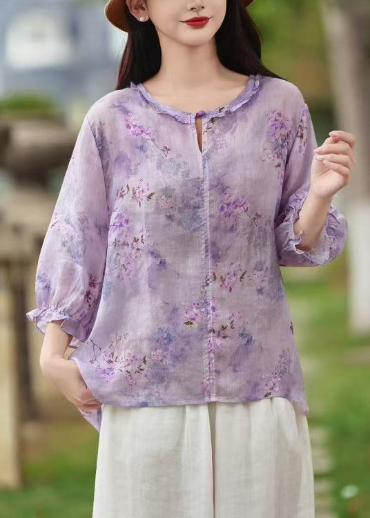 Sleeve Butterfly Shirt Print Button Linen Ruffled Purple