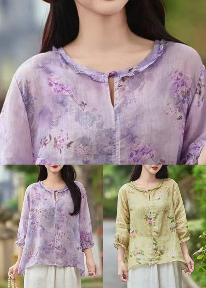 Sleeve Butterfly Shirt Print Button Linen Ruffled Purple