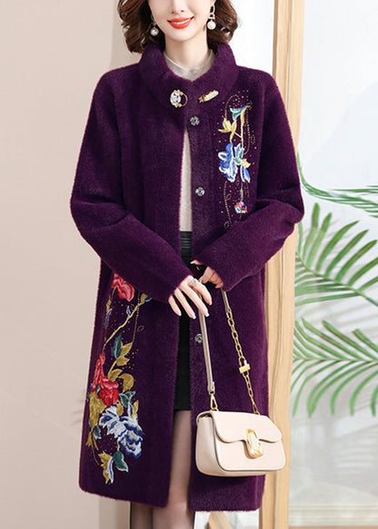 Manteau en laine imprimé violet à boutons, maxi, printemps TA031