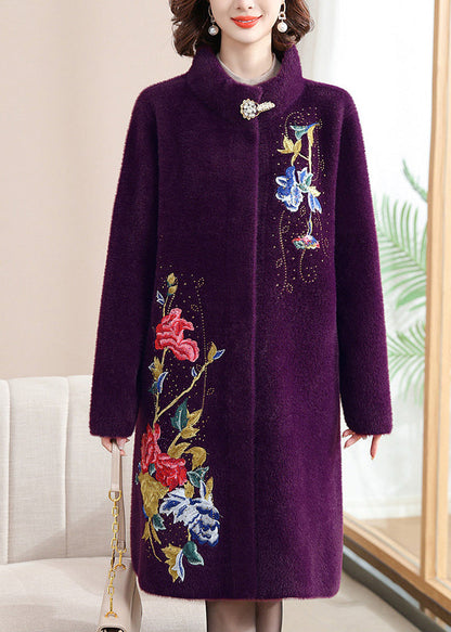 Manteau en laine imprimé violet à boutons, maxi, printemps TA031