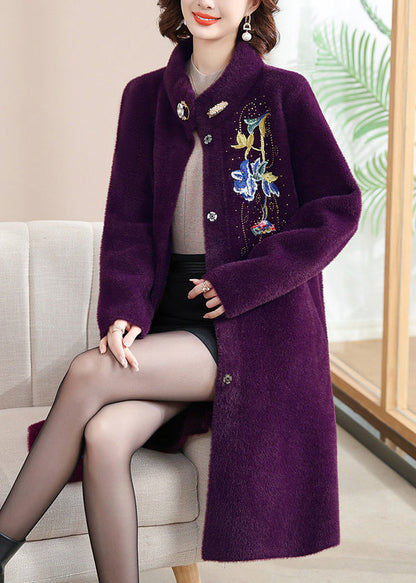 Manteau en laine imprimé violet à boutons, maxi, printemps TA031