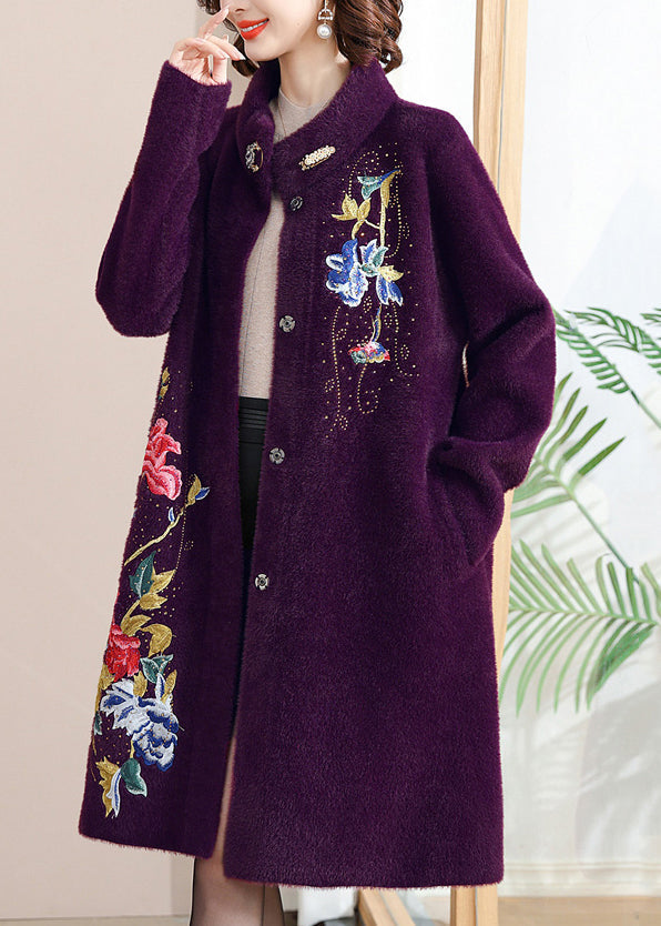 Manteau en laine imprimé violet à boutons, maxi, printemps TA031