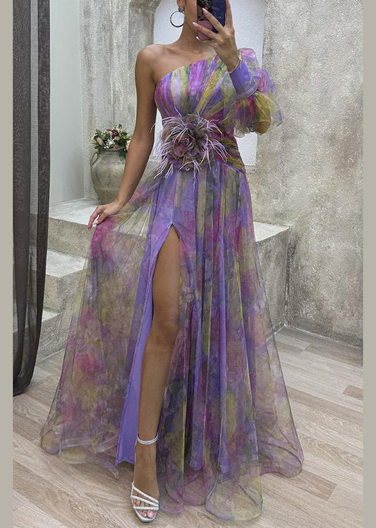 Kleid Chiffon Lila Sommer Offene Schulter Print Seite Eins