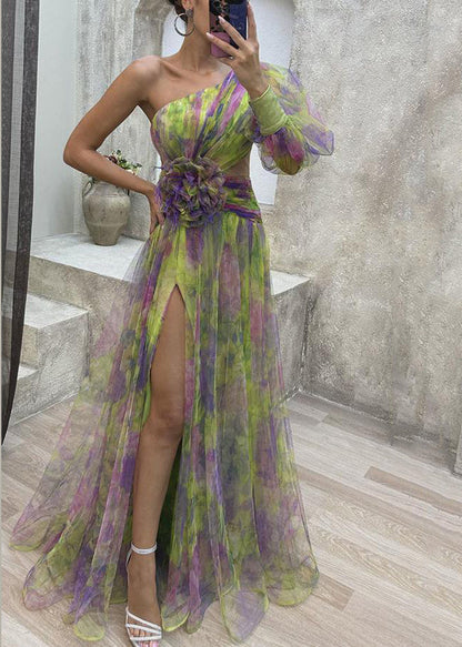 Kleid Chiffon Lila Sommer Offene Schulter Print Seite Eins