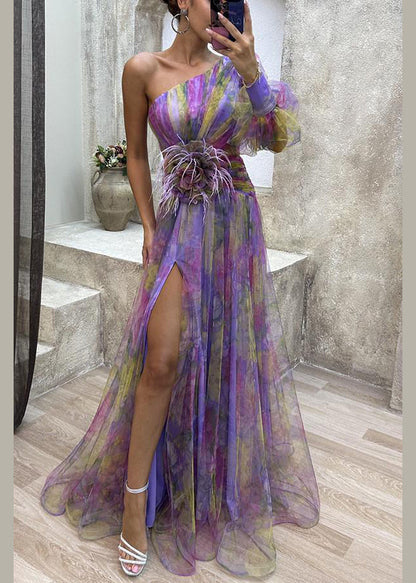Kleid Chiffon Lila Sommer Offene Schulter Print Seite Eins