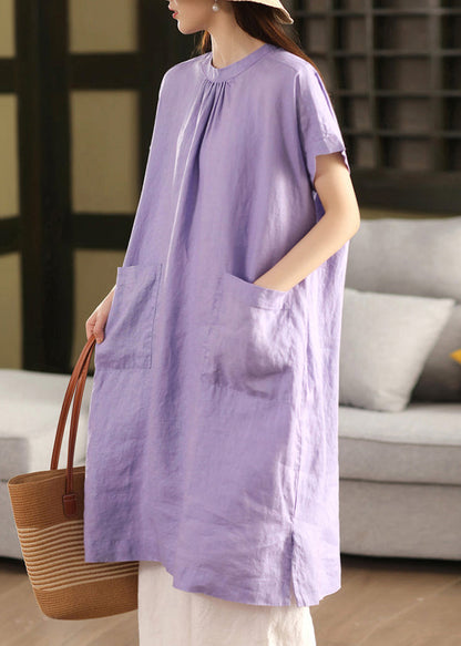 O Offenes Leinenkleid mit festem Halsausschnitt Lila Seite