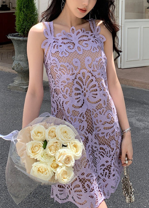 Spitze Hohl Solide Spaghetti Strap Kleid Sommer Lila Aus