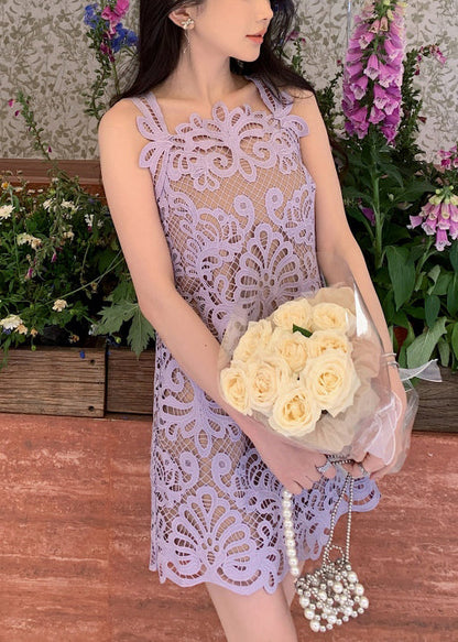 Spitze Hohl Solide Spaghetti Strap Kleid Sommer Lila Aus