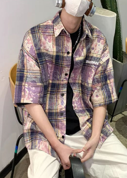 Chemises d'été Peter Tie Dye violettes surdimensionnées en coton pour hommes