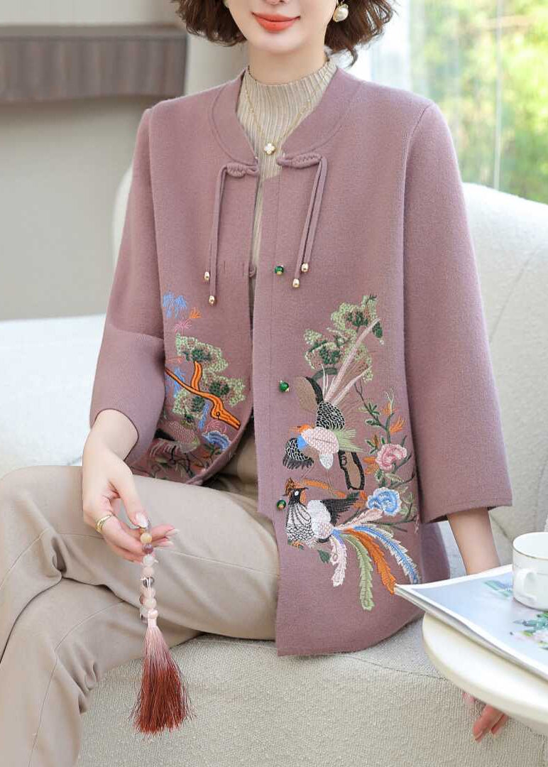 Lila Strickjacke aus Wolle mit Blumenstickerei, lange Ärmel, TA025