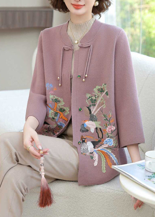 Lila Strickjacke aus Wolle mit Blumenstickerei, lange Ärmel, TA025