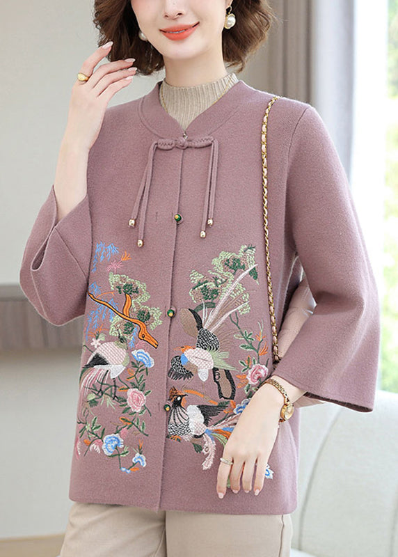 Lila Strickjacke aus Wolle mit Blumenstickerei, lange Ärmel, TA025
