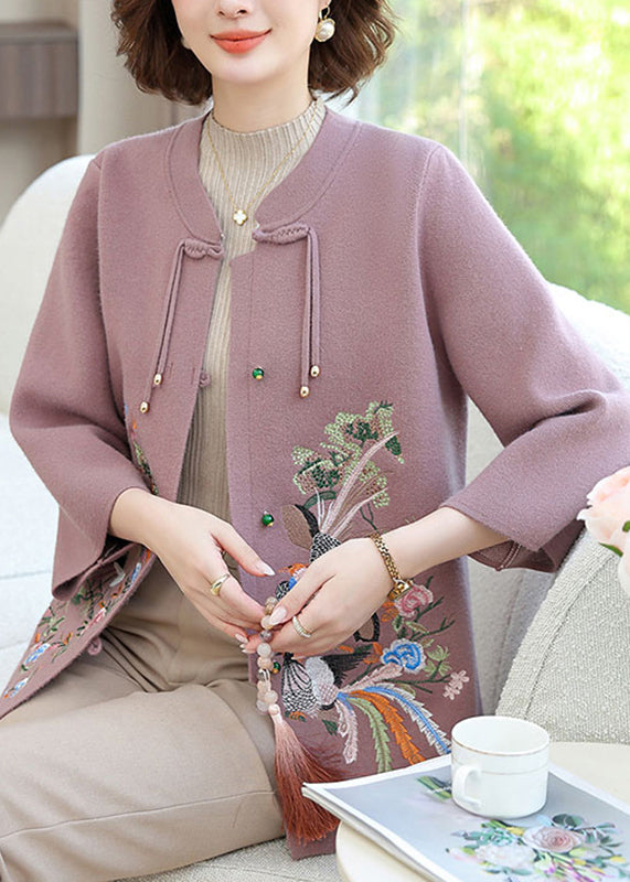Lila Strickjacke aus Wolle mit Blumenstickerei, lange Ärmel, TA025