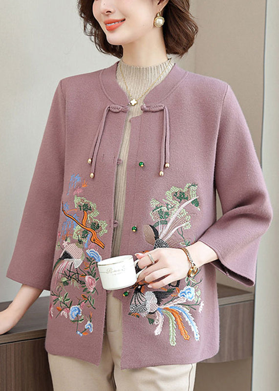 Lila Strickjacke aus Wolle mit Blumenstickerei, lange Ärmel, TA025
