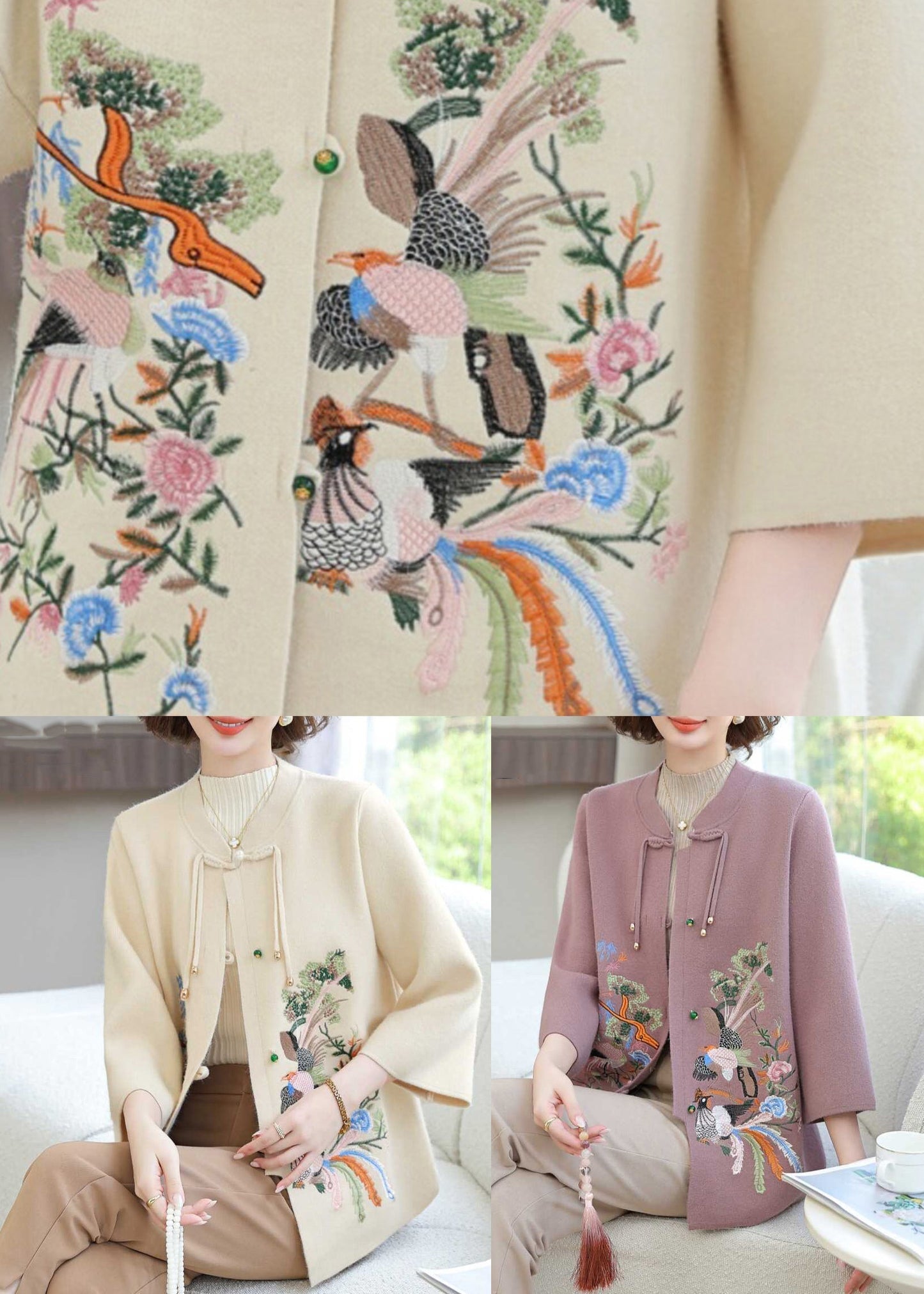 Lila Strickjacke aus Wolle mit Blumenstickerei, lange Ärmel, TA025