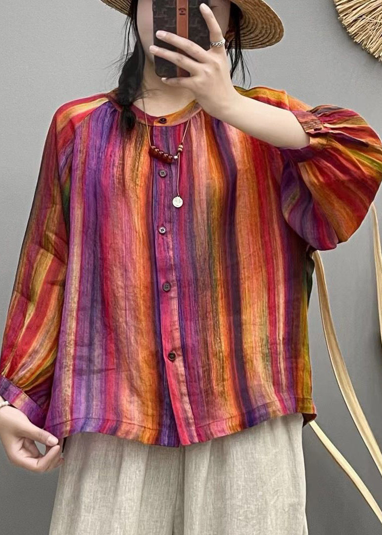 Rainbow Button Patchwork Linen Blouses O Neck Spring VV056