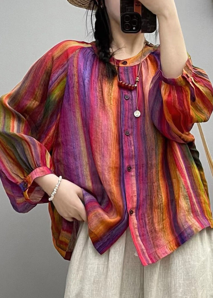 Rainbow Button Patchwork Linen Blouses O Neck Spring VV056