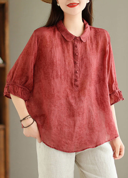 Red Button Print Linen Blouses Peter Pan Collar Summer GG050