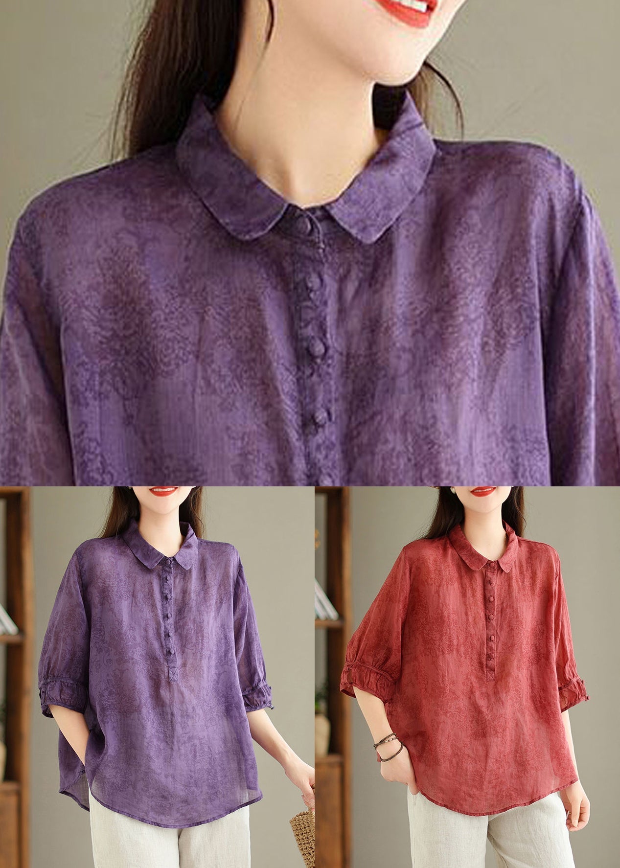 Red Button Print Linen Blouses Peter Pan Collar Summer GG050