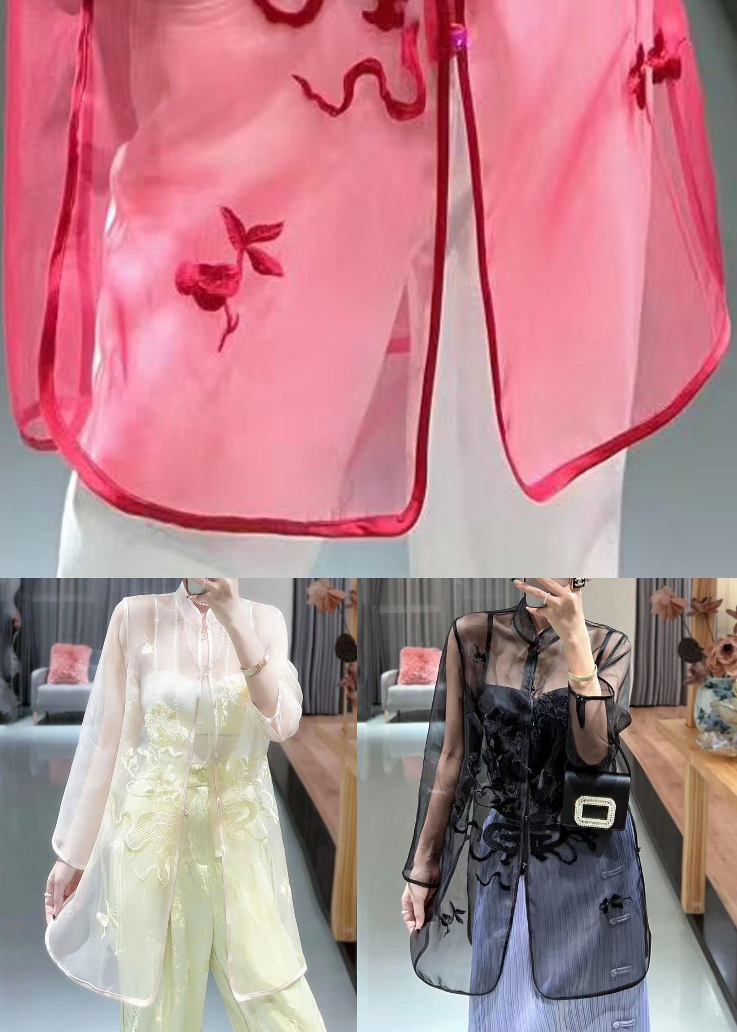 Red Button Thin Tulle Blouses Stand Collar Summer Ada Fashion