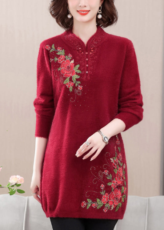 Roter gemütlicher Nerzsamtpullover mit Stickereien, Frühling TA026