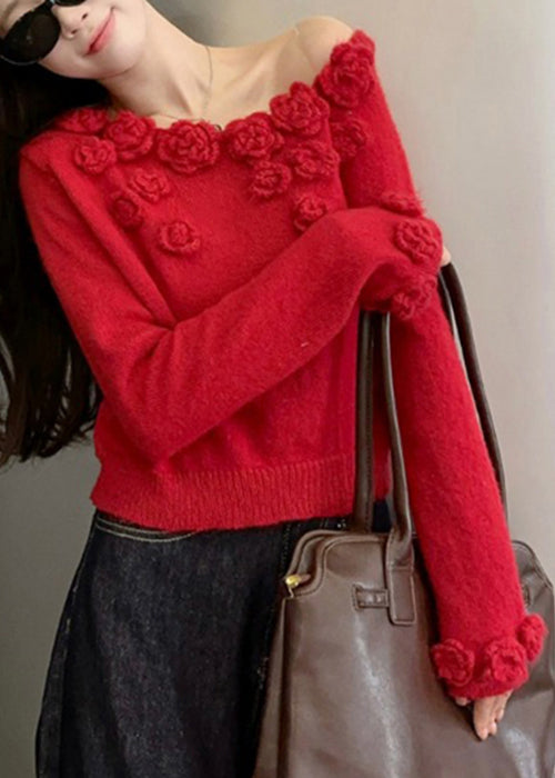 Roter Blumen Patchwork Strickpullover Asymmetrisch Winter WX023