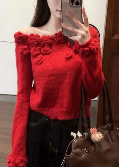 Roter Blumen Patchwork Strickpullover Asymmetrisch Winter WX023