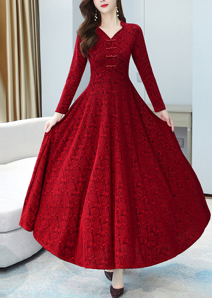 Rotes, schmal geschnittenes, orientalisches Jacquard-Baumwollkleid mit extra großem Saum, Herbst OO028