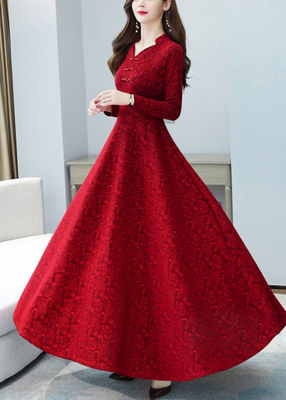 Robe orientale en coton coupe slim en jacquard rouge à ourlet extra large OO028