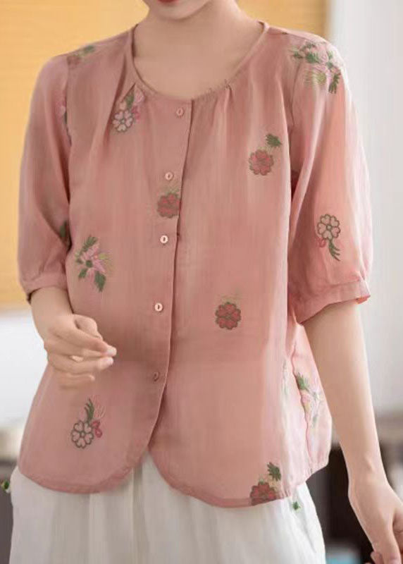 Linen Summer O-Neck Embroidered Shirts Red